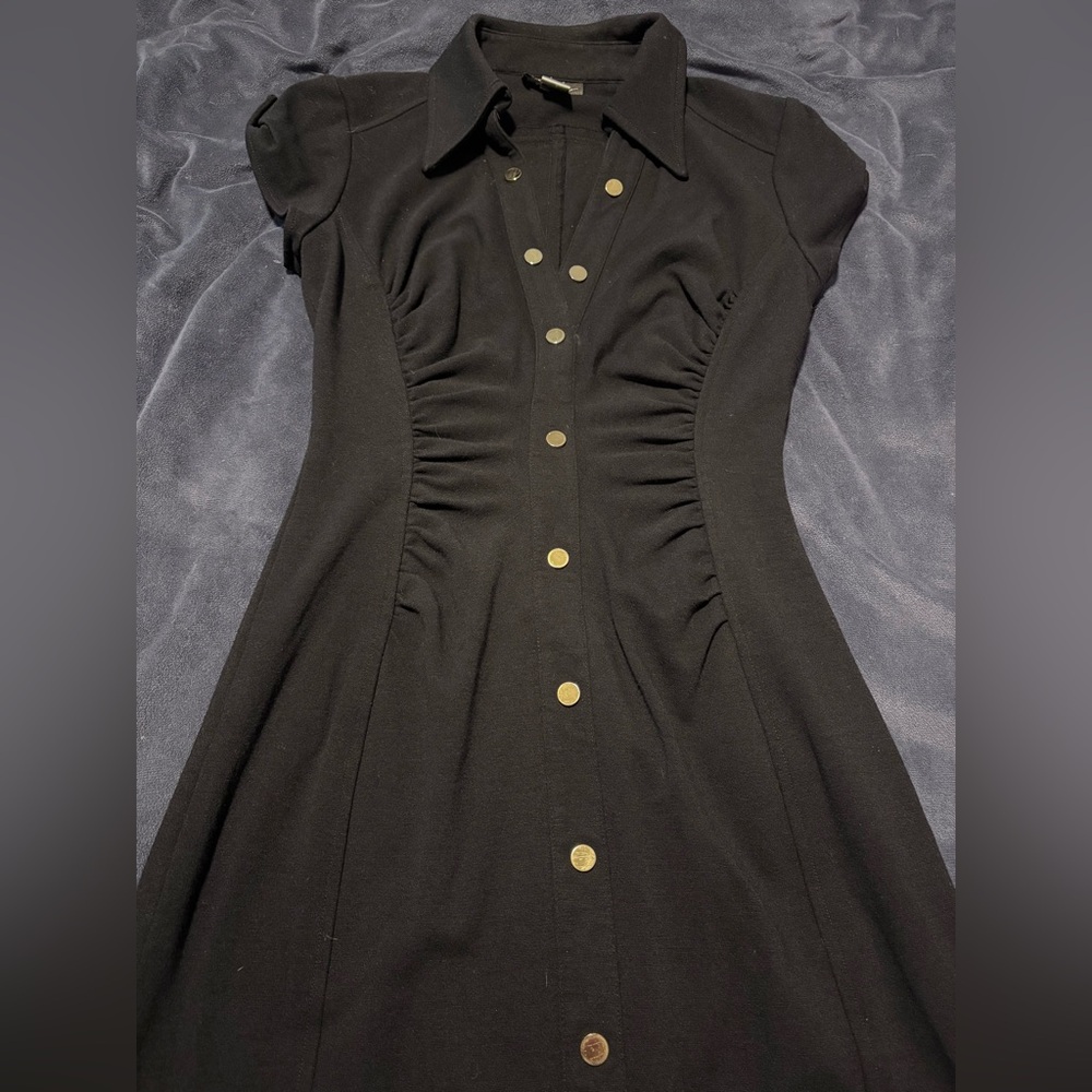 Cache Black Ruched Sheath Dress with Notched Collar